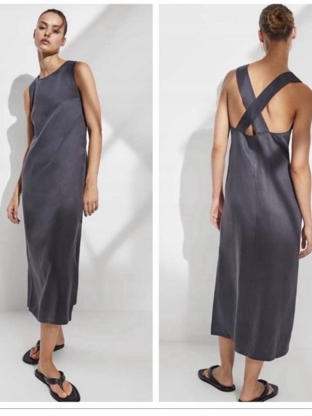 Massimo Dutti Charcoal Grey Cross‑Back Midi Slip Dress